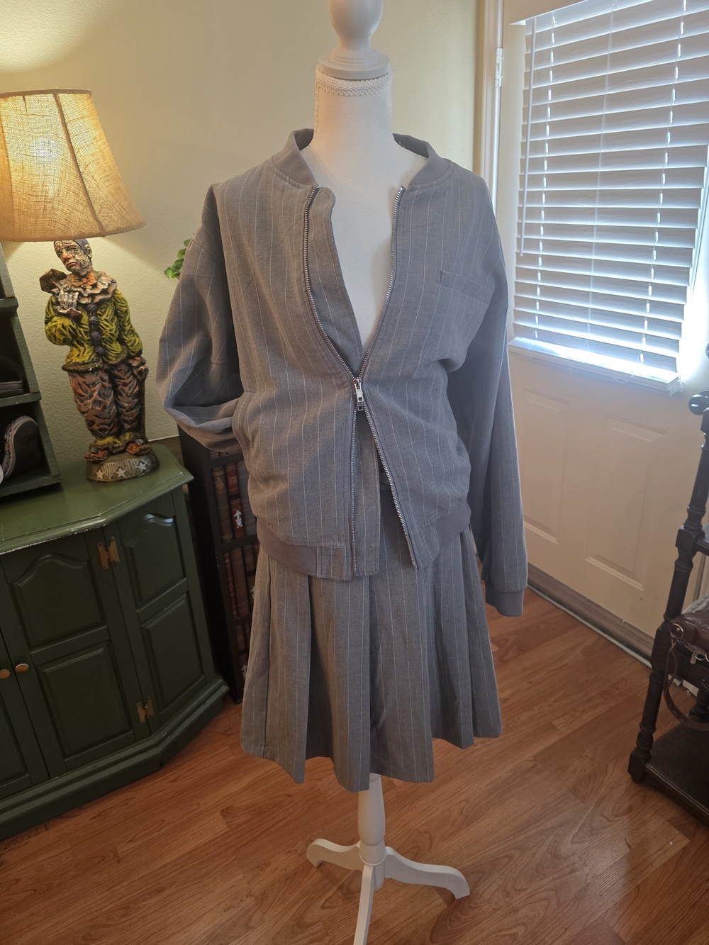 Gray Pinstripe Bomber Jacket And Pleated Skirt NWT